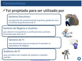 www.portalgsti.com.brPor Fernando Palma
Características
Premissa do COBIT
COBIT é baseado na premissa de que Recursos de TI precisam ser gerenciados
por um conjunto de processos de TI que fornecem informação para os processo
de negócio com o fim de atingir-se os objetivos do negócio
Recursos de TI
Processos de TI Processos de Negócio
Informação
Metas
Gerenciados
por
Fornecem
Para
Para
atingir
 