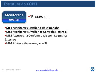 www.portalgsti.com.brPor Fernando Palma
Estrutura do COBIT
Os componentes chave da estrutura do COBIT
Critérios da Informação
ProcessosdeTI
RecursosdeTI
Domínios
Processos
Atividades
Aplicações
Informação
Infraestrutura
Pessoas
 