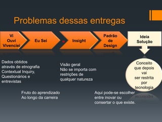Problemas dessas entregas
   Vi                                                    Padrão              Ideia
  Ouvi            Eu Sei            =    Insight           de               Solução
Vivenciei                                                Design



Dados obtidos                                                               Conceito
                                   Visão geral
através de etnografia                                                     que depois
                                   Não se importa com
Contextual Inquiry,                                                            vai
                                   restrições de
Questionários e                                                           ser restrita
                                   qualquer natureza
entrevistas                                                                   por
                                                                           tecnologia
            Fruto do aprendizado                    Aqui pode-se escolher
            Ao longo da carreira                    entre inovar ou
                                                    consertar o que existe.
 
