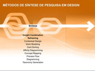 MÉTODOS DE SÍNTESE DE PESQUISA EM DESIGN




                Síntese


          Insight Combination
                 Reframing
            Contextual Design
              Work Modeling
                Card Sorting
           Affinity Diagramming
            Concept Mapping
               Process Flow
               Diagramming
          Taxonomy Generation
 