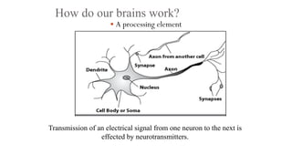 How do our brains work?
 A processing element
Transmission of an electrical signal from one neuron to the next is
effected by neurotransmitters.
 