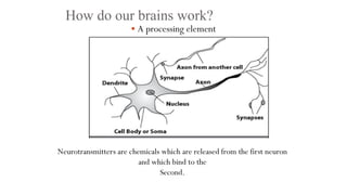 How do our brains work?
 A processing element
Neurotransmitters are chemicals which are released from the first neuron
and which bind to the
Second.
 