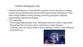 • Artificial Intelligence is a broad field in computer science focused on creating
systems that can perform tasks that normally require human intelligence. These
tasks include problem-solving, learning, reasoning, perception, language
understanding, and decision-making.
• AI Components:
•Knowledge Representation: How information about the world is represented.
•Reasoning: How AI systems draw conclusions or make decisions.
•Learning: How AI systems improve from experience (which is where Machine
Learning fits in).
Artificial Intelligence (AI)
This Photo by Unknown Author is licensed under CC BY-ND
 