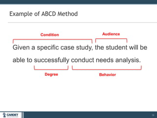 Given a specific case study, the student will be
able to successfully conduct needs analysis.
19
Example of ABCD Method
Condition Audience
Degree Behavior
 