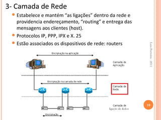 3- Camada de Rede
  Estabelece e mantém “as ligações” dentro da rede e
   providencia endereçamento, “routing” e entrega das
   mensagens aos clientes (host).
  Protocolos IP, PPP, IPX e X. 25
  Estão associados os dispositivos de rede: routers




                                                         Luis Ferreira - 2011
                                                        10
 