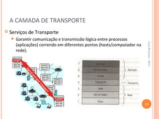 A CAMADA DE TRANSPORTE
   Serviços de Transporte
     Garantir comunicação e transmissão lógica entre processos




                                                                         Luis Ferreira - 2011
      (aplicações) correndo em diferentes pontos (hosts/computador na
      rede).




                                                                        15
 