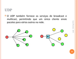 UDP
   O UDP também fornece os serviços de broadcast e
    multicast, permitindo que um único cliente envie
    pacotes para vários outros na rede.




                                                        Luis Ferreira - 2011
                                                       30
 