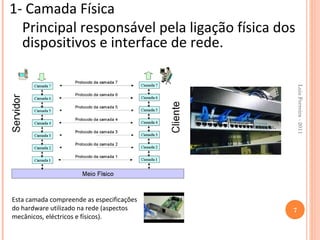 1- Camada Física
  Principal responsável pela ligação física dos
  dispositivos e interface de rede.




                                                  Luis Ferreira - 2011
Esta camada compreende as especificações
do hardware utilizado na rede (aspectos       7
mecânicos, eléctricos e físicos).
 