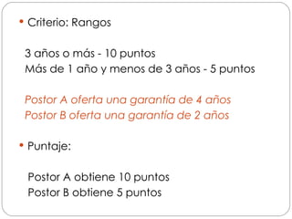 Criterio: Rangos 3 años o más - 10 puntos Más de 1 año y menos de 3 años - 5 puntos  Postor A oferta una garantía de 4 años  Postor B oferta una garantía de 2 años Puntaje: Postor A obtiene 10 puntos Postor B obtiene 5 puntos  
