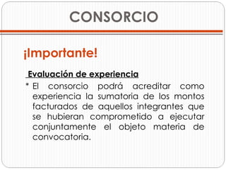 CONSORCIO Evaluación de experiencia * El consorcio podrá acreditar como experiencia la sumatoria de los montos facturados de aquellos integrantes que se hubieran comprometido a ejecutar conjuntamente el objeto materia de convocatoria. ¡Importante! 