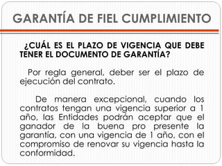 GARANTÍA DE FIEL CUMPLIMIENTO ¿CUÁL ES EL PLAZO DE VIGENCIA QUE DEBE TENER EL DOCUMENTO DE GARANTÍA? Por regla general, deber ser el plazo de ejecución del contrato. De manera excepcional, cuando los contratos tengan una vigencia superior a 1 año, las Entidades podrán aceptar que el ganador de la buena pro presente la garantía, con una vigencia de 1 año, con el compromiso de renovar su vigencia hasta la conformidad. 