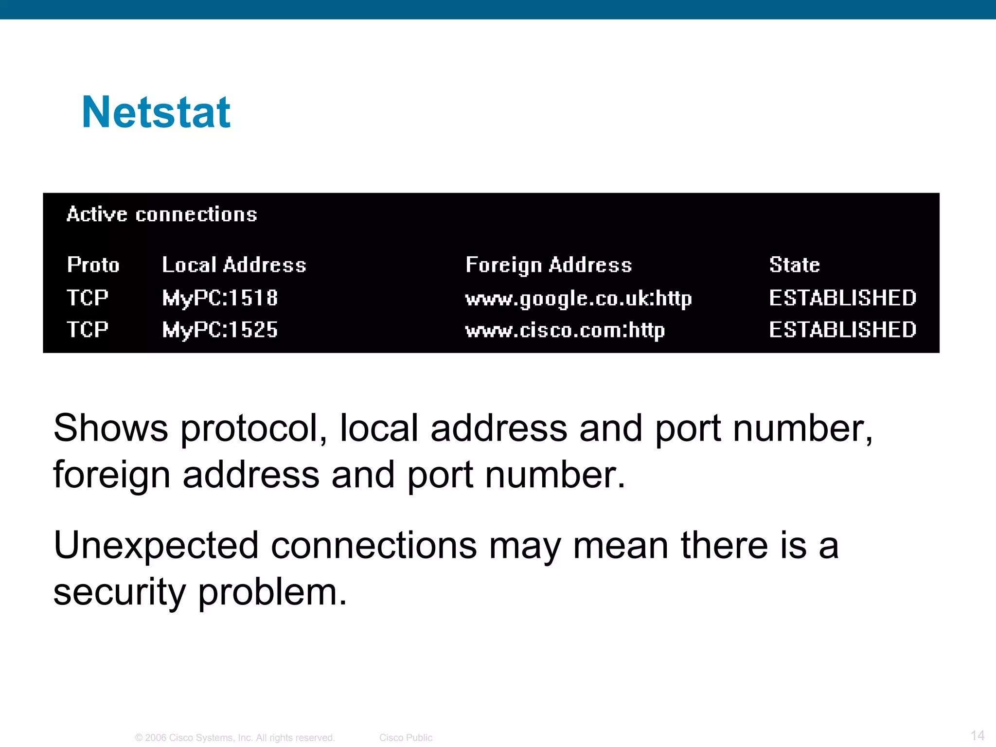 Netstat Shows protocol, local address and port number, foreign address and port number. Unexpected connections may mean there is a security problem. 