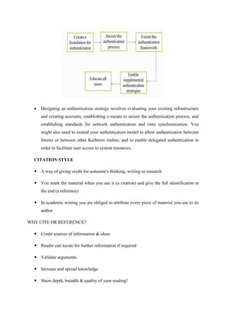  Designing an authentication strategy involves evaluating your existing infrastructure
and creating accounts, establishing a means to secure the authentication process, and
establishing standards for network authentication and time synchronization. You
might also need to extend your authentication model to allow authentication between
forests or between other Kerberos realms, and to enable delegated authentication in
order to facilitate user access to system resources.
CITATION STYLE
 A way of giving credit for someone's thinking, writing or research
 You mark the material when you use it (a citation) and give the full identification at
the end (a reference)
 In academic writing you are obliged to attribute every piece of material you use to its
author
WHY CITE OR REFERENCE?
 Credit sources of information & ideas
 Reader can locate for further information if required
 Validate arguments
 Increase and spread knowledge
 Show depth, breadth & quality of your reading!
 