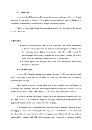 4. 1 Numbering
Every table should be numbered with an arabic numeral and given a title, even though
there may be few tables in the paper. The order in which the tables are mentioned in the text
determines the numbering, which continues straight through all chapters.
Tables in an appendix should be numbered separately from the tables in the text, as
A1, A2, and so on.
4. 2 Position
 Ideally, each table should come as close as possible after the first reference to
it. If space permits, however, it is best to finish the paragraph of text in which
the reference occurs before inserting the table. If a table cannot be
accommodated in the space remaining on a given page, continue the text to
make a full page and place the table at the top of the next page.
 If a table appears on a text page, three blank lines should be left above it and
three blank lines below.
4. 3 Size and Shape
In most tables the columns run the long way on the page. A table may occupy the full
width of the page or less than the full width. In either case, each table must be centered
horizontally on the page.
When a table is long and narrow, space may be saved and appearance enhanced by
doubling it up – dividing it into equal parts and placing them side by side, repeating the stub
and the column heads (see SAMPLE TABLE 1). A vertical rule separates the two sides.
If a table is too wide for the page, it should be turned lengthwide (broadside table; see
SAMPLE TABLE 2). No text should be placed on a page containing a broadside table. The
page number appears in its usual place as on other text pages.
A table too wide to be accommodated broadside may be arranged vertically on two
facing pages. This is done by turning the first page over so that the text is on the back and
thus faces the next pate (the front of the first page remains blank). If software will not
automatically generate a wide table on facing pages, it may be possible to construct two table
 