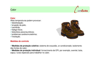 Calor
Altas temperaturas podem provocar:
desidratação;
erupção da pele;
caimbrãs;
fadiga física;
distúrbios psiconeuróticos;
problemas cardiocirculatórios;
insolação.
Medidas de controle
Medidas de proteção coletiva: sistema de exaustão, ar condicionado; isolamento
das fontes de calor;
Medidas de proteção individual: fornecimento de EPI, por exemplo, avental, bota,
capuz, luvas especiais para trabalhar no calor.
Calor
 