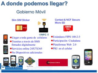 CONFIDENCIAL 4040
A donde podemos llegar?
Llegar a toda gama de celulares
Tramites a través de SMS
firmados digitalmente
Servicios online 24X7X365
No Dispositivos adicionales
Slim SIM Sticker Contact & NCF Secure
Micro SD
Gobierno Móvil
Estándares FIPS 140-2-3
Participación Ciudadana
Plataformas Web 2.0
PKI en el celular
 
