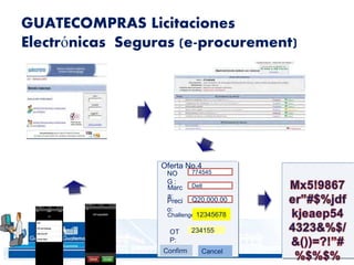 48
GUATECOMPRAS Licitaciones
Electrónicas Seguras (e-procurement)
NO
G :
OT
P:
Confirm
774545
234155
Challenge
Oferta No.4
Marc
a:
Dell
Preci
o:
Q20,000.00
Cancel
12345678
 