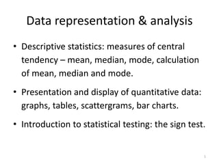 Data representation & analysis
• Descriptive statistics: measures of central
tendency – mean, median, mode, calculation
of mean, median and mode.
• Presentation and display of quantitative data:
graphs, tables, scattergrams, bar charts.
• Introduction to statistical testing: the sign test.
1
 