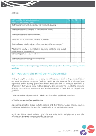 Address:
Let’s consider the questions below
Insert  if yes, insert X if no.
T1 T2 T3 T4 T5
Do they align well with the skills we are trying to develop?
Do they have curriculum that is similar to our needs?
Do they have the latest equipment?
Does their curriculum reflect newest practices?
Do they have a good track record partner with other companies?
What is the quality of their student base and ability to help recruit
apprenticeship participants?
Is the college close to our location?
Do they have exemplary graduation rates?
Visit Module 2 Partnering for Apprenticeship Delivery (section 3) for key learning <insert
weblink>
1.4 Recruiting and Hiring our First Apprentice
Finding the right apprentice for our company will require us think and operate outside of
our usual recruitment processes. Typically, when we hire someone for a job they have
experience and/or training qualification before they start with us. Hiring an apprentice is
different, in that we are hiring “a blank canvas”, someone with the potential to grow and
develop into a trained professional and a valued member of staff with our support and
guidance.
There are several steps we need to take to recruit our first apprentice, these are:
1. Writing the person/job specification
A person specification should include essential and desirable knowledge criteria, previous
experience and the specific skills you’re looking for in the successful candidate.
A job description should include a job title, the main duties and purpose of the role,
information about the company and the job location
 