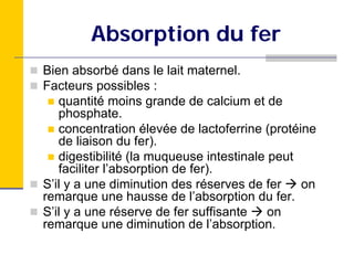 Absorption du fer
Bien absorbé dans le lait maternel.
Facteurs possibles :
   quantité moins grande de calcium et de
   phosphate.
   concentration élevée de lactoferrine (protéine
   de liaison du fer).
   digestibilité (la muqueuse intestinale peut
   faciliter l’absorption de fer).
S’il y a une diminution des réserves de fer    on
remarque une hausse de l’absorption du fer.
S’il y a une réserve de fer suffisante    on
remarque une diminution de l’absorption.
 