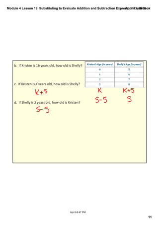 Module 4 Lesson 19  Substituting to Evaluate Addition and Subtraction Expressions.notebook
11
April 01, 2015
Apr 6­8:47 PM
b.  If Kristen is 16 years old, how old is Shelly?
c.  If Kristen is K years old, how old is Shelly?
d.  If Shelly is S years old, how old is Kristen?
 