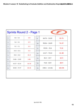 Module 4 Lesson 19  Substituting to Evaluate Addition and Subtraction Expressions.notebook
15
April 01, 2015
Apr 6­8:51 PM
Sprints Round 2 ­ Page 1
 