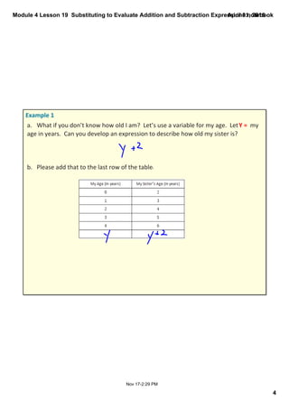 Module 4 Lesson 19  Substituting to Evaluate Addition and Subtraction Expressions.notebook
4
April 01, 2015
Nov 17­2:29 PM
a. What if you don’t know how old I am?  Let’s use a variable for my age.  Let Y =  my 
age in years.  Can you develop an expression to describe how old my sister is?
b. Please add that to the last row of the table.
Example 1
 