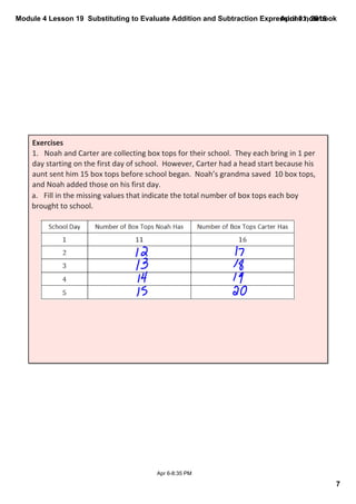Module 4 Lesson 19  Substituting to Evaluate Addition and Subtraction Expressions.notebook
7
April 01, 2015
Apr 6­8:35 PM
Exercises
1. Noah and Carter are collecting box tops for their school.  They each bring in 1 per 
day starting on the first day of school.  However, Carter had a head start because his 
aunt sent him 15 box tops before school began.  Noah’s grandma saved  10 box tops, 
and Noah added those on his first day.
a. Fill in the missing values that indicate the total number of box tops each boy 
brought to school.
 