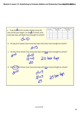 Module 4 Lesson 19  Substituting to Evaluate Addition and Subtraction Expressions.notebook
8
April 01, 2015
Apr 6­8:35 PM
a. If we let D be the number of days since the 
new school year began, on day D of school, how 
many box tops will Noah have brought to school?
b. On day D of school, how many box tops will Carter have brought to school?
c. On day 10 of school, how many box tops will Noah have brought to school?
d. On day 10 of school, how many box tops will Carter have brought to school?
 