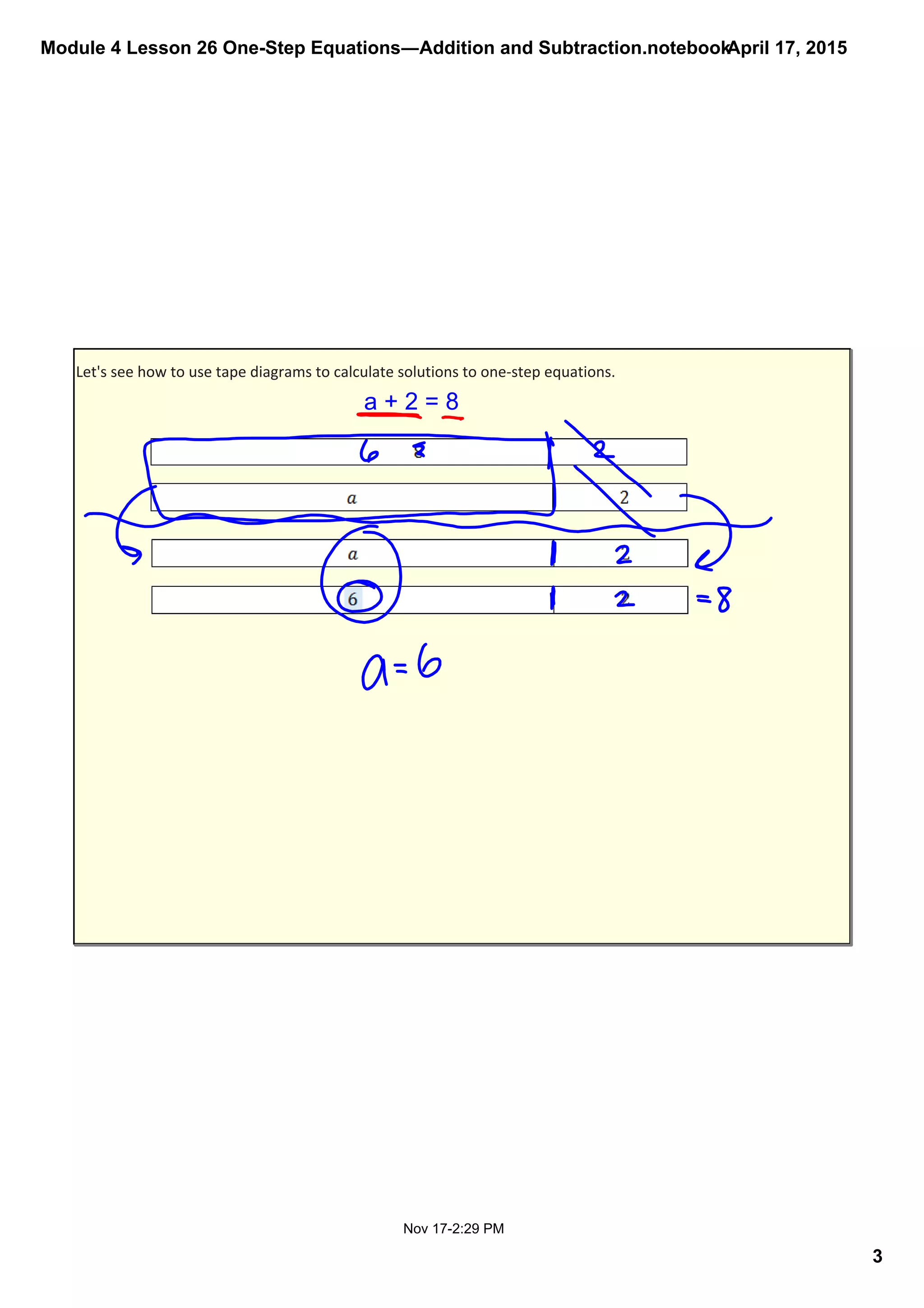 Module 4 Lesson 26 One­Step Equations―Addition and Subtraction.notebook
3
April 17, 2015
Nov 17­2:29 PM
Let's see how to use tape diagrams to calculate solutions to one‐step equations.
a + 2 = 8
 