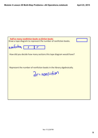 Module 4 Lesson 29 Multi­Step Problems—All Operations.notebook
9
April 23, 2015
Nov 17­2:28 PM
Draw a tape diagram to represent the number of nonfiction books.
How did you decide how many sections this tape diagram would have?
Represent the number of nonfiction books in the library algebraically.
half as many nonfiction books as fiction books
 