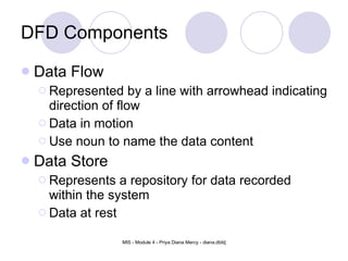 DFD Components Data Flow Represented by a line with arrowhead indicating direction of flow Data in motion Use noun to name the data content Data Store Represents a repository for data recorded within the system Data at rest 