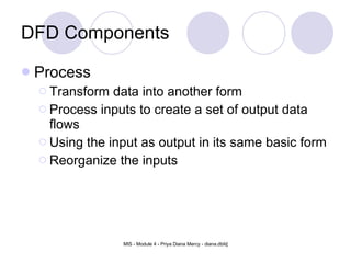 DFD Components Process Transform data into another form Process inputs to create a set of output data flows Using the input as output in its same basic form Reorganize the inputs  