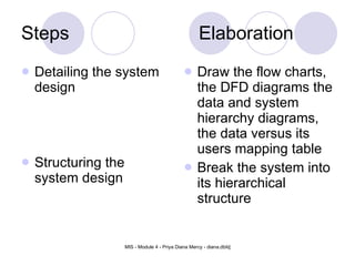 Steps Elaboration Detailing the system design Structuring the system design Draw the flow charts, the DFD diagrams the data and system  hierarchy diagrams, the data versus its users mapping table Break the system into its hierarchical structure 
