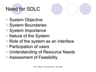 Need for SDLC System Objective System Boundaries System Importance Nature of the System Role of the system as an interface Participation of users Understanding of Resource Needs Assessment of Feasibility 