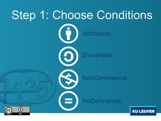 Step 1: Choose Conditions
Source: Cable Green http://www.creativecommons.org




                                                                 Attribution


                                                                 ShareAlike


                                                                 NonCommercial


                                                                 NoDerivatives
 