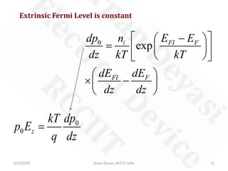 8/19/2020 Arpan Deyasi, RCCIIT, India 12
0
expi FI F
FI F
dp n E E
dz kT kT
dE dE
dz dz
 −  
=   
  
 
× − 
 
Extrinsic Fermi Level is constant
0
0 z
dpkT
p E
q dz
=
 