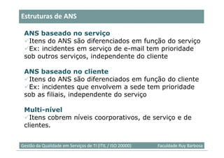 Estruturas de ANS

 ANS baseado no serviço
  Itens do ANS são diferenciados em função do serviço
  Ex: incidentes em serviço de e-mail tem prioridade
 sob outros serviços, independente do cliente

 ANS baseado no cliente
  Itens do ANS são diferenciados em função do cliente
  Ex: incidentes que envolvem a sede tem prioridade
 sob as filiais, independente do serviço

 Multi-nível
   Itens cobrem níveis coorporativos, de serviço e de
 clientes.

                                                                           11
Gestão da Qualidade em Serviços de TI (ITIL / ISO 20000)   Faculdade Ruy Barbosa
 