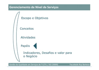 Gerenciamento de Nível de Serviços


             Escopo e Objetivos


            Conceitos


             Atividades

             Papéis

                Indicadores, Desafios e valor para
                o Negócio

                                                                           27
Gestão da Qualidade em Serviços de TI (ITIL / ISO 20000)   Faculdade Ruy Barbosa
 