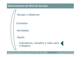 Gerenciamento de Nível de Serviços


             Escopo e Objetivos


            Conceitos


             Atividades

             Papéis

                Indicadores, Desafios e valor para
                o Negócio

                                                                           30
Gestão da Qualidade em Serviços de TI (ITIL / ISO 20000)   Faculdade Ruy Barbosa
 