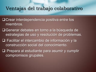 Ventajas del trabajo colaborativo 
Crear interdependencia positiva entre los 
miembros. 
Generar debates en torno a la búsqueda de 
estrategias de uso y resolución de problemas. 
 Facilitar el intercambio de información y la 
construcción social del conocimiento. 
 Prepara al estudiante para asumir y cumplir 
compromisos grupales. 
