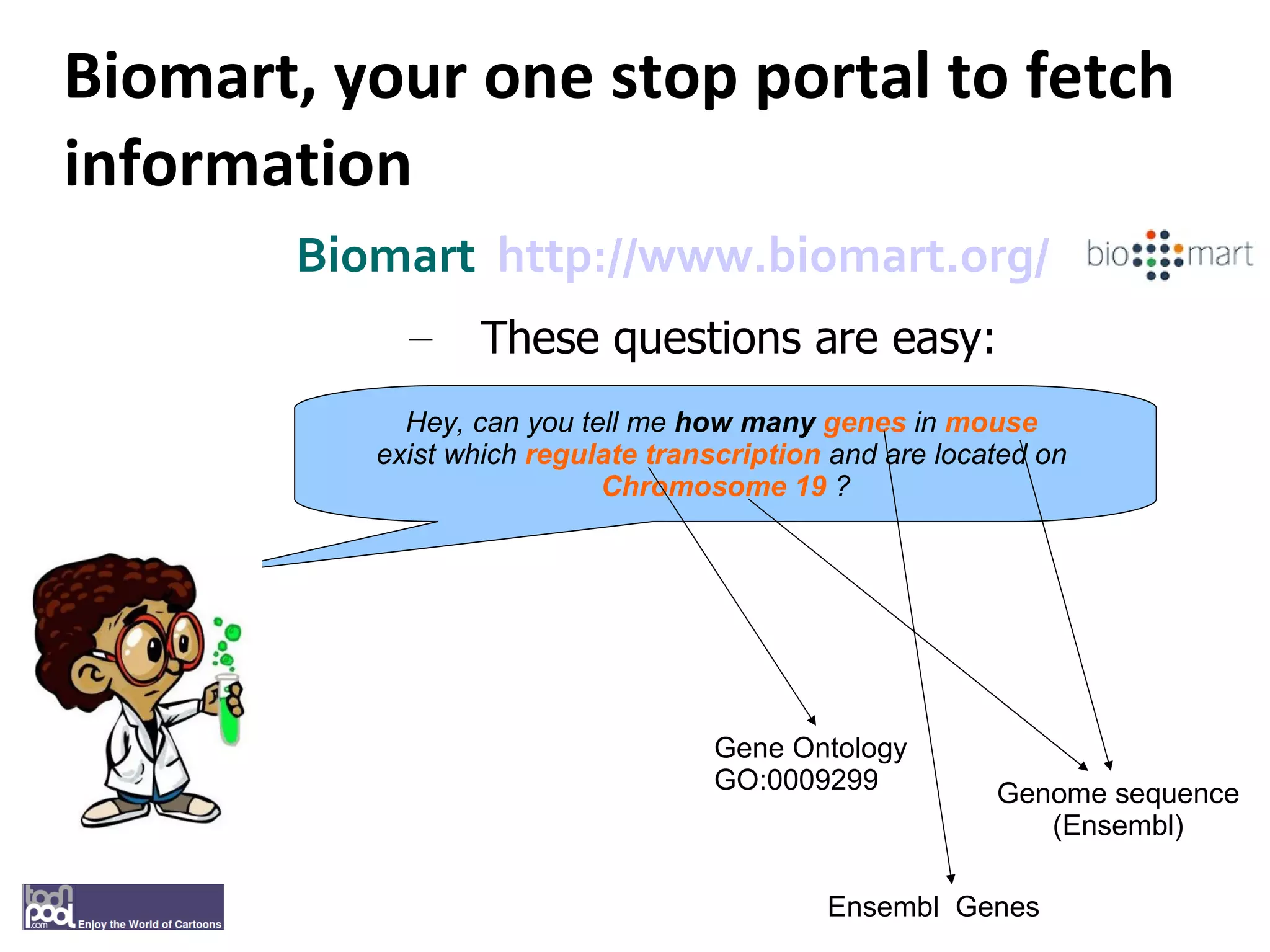 Biomart, your one stop portal to fetch information Biomart  http://www.biomart.org/   These questions are easy: Hey, can you tell me  how many   genes  in  mouse   exist which  regulate transcription  and are located on  Chromosome 19  ? Ensembl  Genes Genome sequence (Ensembl) Gene Ontology GO:0009299 