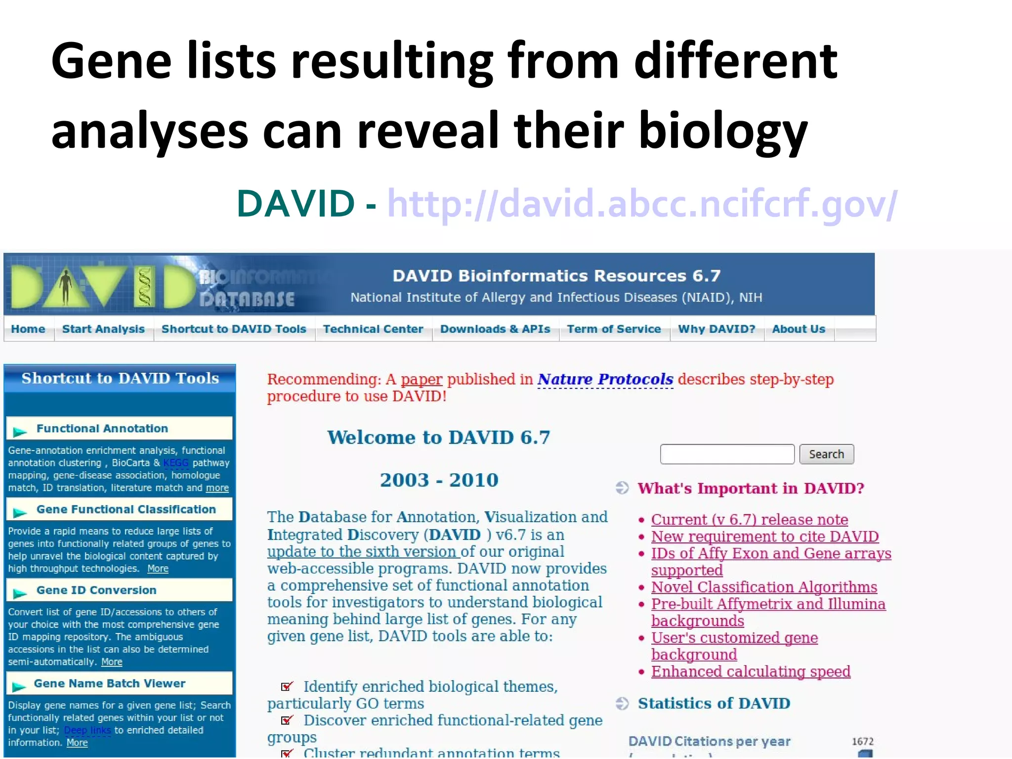Gene lists resulting from different analyses can reveal their biology  DAVID -  http://david.abcc.ncifcrf.gov/   