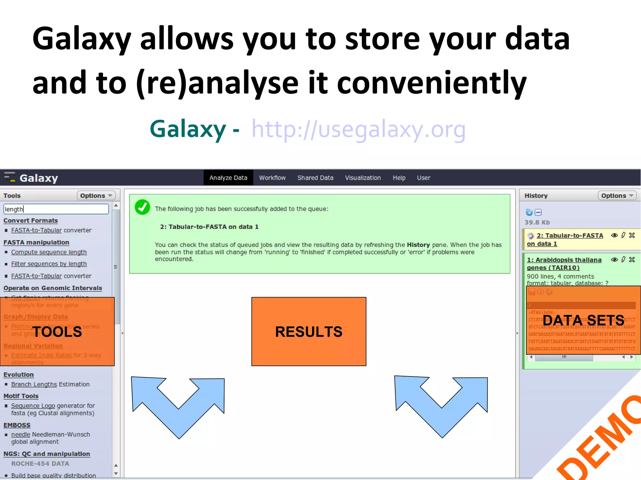 Galaxy allows you to store your data and to (re)analyse it conveniently Galaxy -  http://usegalaxy.org   DEMO TOOLS RESULTS DATA SETS 