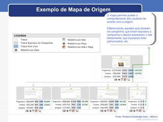 Exemplo de Mapa de Origem Fonte: Predicta Knowledge base – Metrics www.predicta.com.br O mapa permite avaliar o comportamento dos usuários de acordo com a origem. Diferenciando aqueles que clicaram na campanha; que foram expostos a campanha e depois acessaram o site diretamente; que buscaram links patrocinados; etc. 