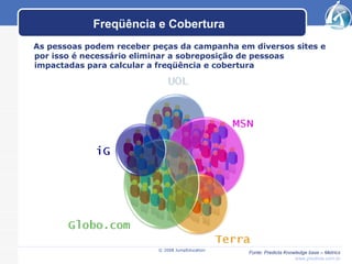 Freqüência e Cobertura As pessoas podem receber peças da campanha em diversos sites e por isso é necessário eliminar a sobreposição de pessoas impactadas para calcular a freqüência e cobertura © 2008 JumpEducation Fonte: Predicta Knowledge base – Metrics www.predicta.com.br 