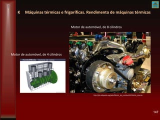 K Máquinas térmicas e frigoríficas. Rendimento de máquinas térmicas
http://pt.wikipedia.org/wiki/Motor_de_combust%C3%A3o_interna
147
Motor de automóvel, de 8 cilindros
Motor de automóvel, de 4 cilindros
 