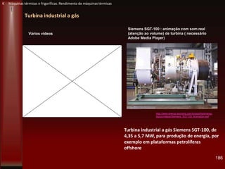 Turbina industrial a gás
186
http://www.energy.siemens.com/br/pool/hq/energy-
topics/videos/Siemens_SGT100_Animation.swf
K Máquinas térmicas e frigoríficas. Rendimento de máquinas térmicas
Turbina industrial a gás Siemens SGT-100, de
4,35 a 5,7 MW, para produção de energia, por
exemplo em plataformas petrolíferas
offshore
Siemens SGT-100 : animação com som real
(atenção ao volume) de turbina ( necessário
Adobe Media Player)
Vários vídeos
 