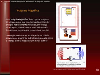 Máquina Frigorífica
Uma máquina frigorífica é um tipo de máquina
térmica geradora que transforma algum tipo de
energia, habitualmente mecânica, em energia
térmica para obter e manter num recinto uma
temperatura menor que a temperatura exterior.
A energia mecânica necessária pode ser obtida
previamente a partir de outro tipo de energia, como
a energia elétrica mediante um motor elétrico
http://pt.wikipedia.org/wiki/M%C3%A1quina_frigor%C3%ADfica
195
K Máquinas térmicas e frigoríficas. Rendimento de máquinas térmicas
 