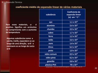 22
substância
Coeficiente de
expansão linear
(α) em o C-1
aço 1,1 x 10-5
alumínio 2,4 x 10-5
chumbo 2,9 x 10-5
cobre 1,7 x 10-5
ferro 1,2 x 10-5
latão 2,0 x 10-5
ouro 1,4 x 10-5
Zinco 6,4 x 10-5
prata 1,9 x 10-5
vidro comum 0,9 x 10-5
vidro pirex 0,3 x 10-5
granito 0,8 x 10-5
plástico PVC 70 x 10-5
coeficiente médio de expansão linear de vários materiais
Para esses materiais, é
positivo. Significa um acréscimo
no comprimento com o aumento
da temperatura
Serway/Jewett, “Physics for Scientists and Engineers”, 7 th edition, Part 3, cap 19
Algumas substâncias como a
calcite, CaCO3 expandem-se ao
longo de uma direção, α>0 e
contraem-se ao longo de outra
α<0
B: Expansão Térmica
 